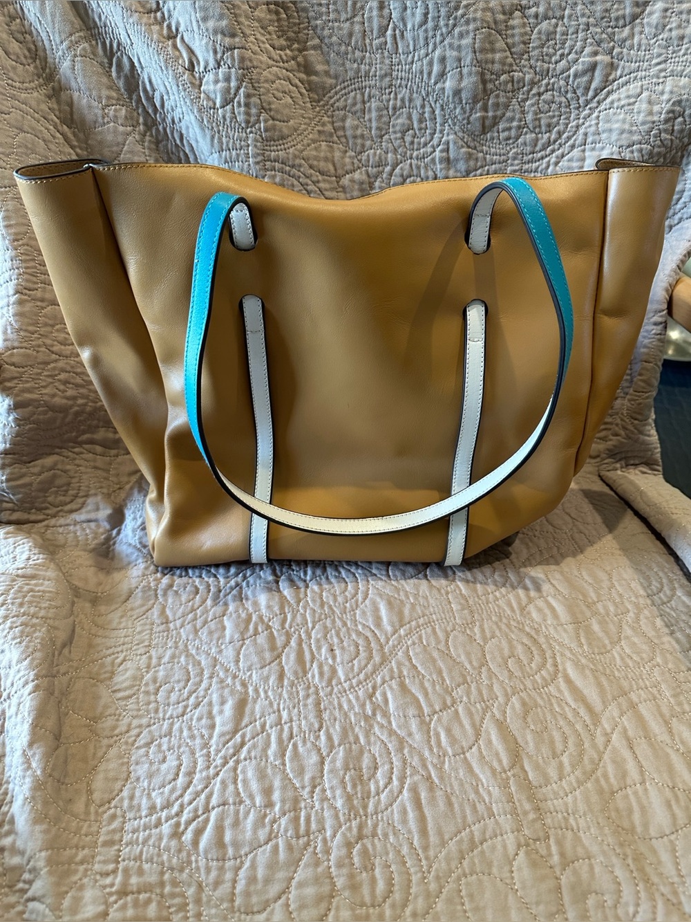 Sondra Roberts Brown/Turquoise Leather Tote Bag with Interior Pockets